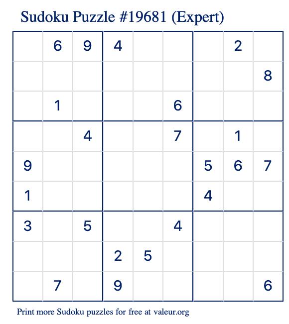 Free Printable Expert Sudoku Puzzle number 19681