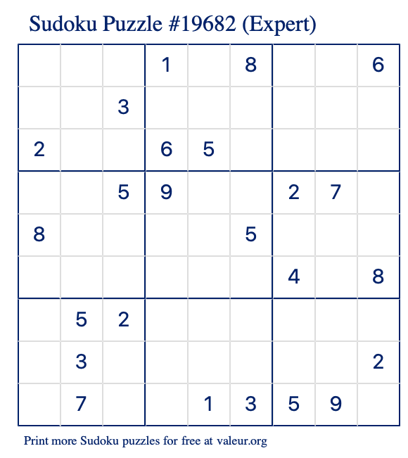 Free Printable Expert Sudoku Puzzle number 19682