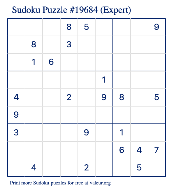 Free Printable Expert Sudoku Puzzle number 19684
