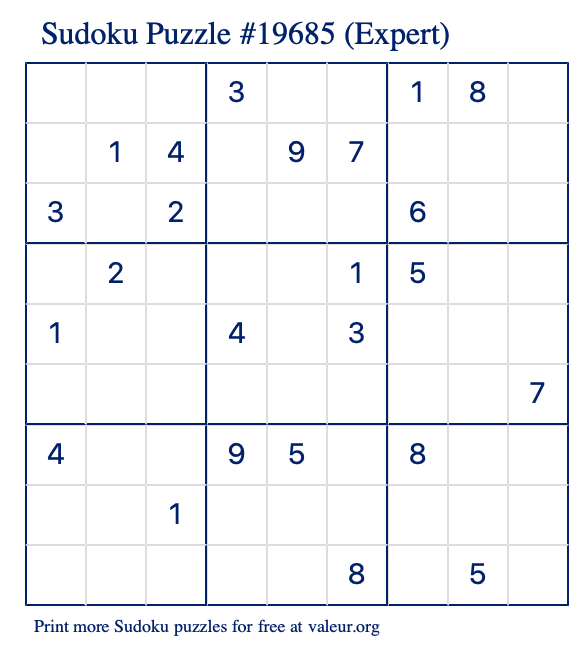 Free Printable Expert Sudoku Puzzle number 19685