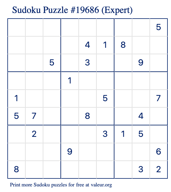 Free Printable Expert Sudoku Puzzle number 19686
