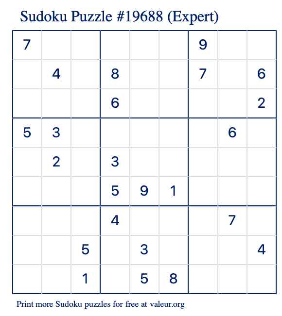 Free Printable Expert Sudoku Puzzle number 19688