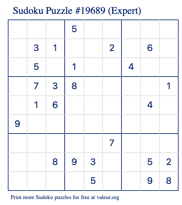 Free Printable Expert Sudoku Puzzle number 19689