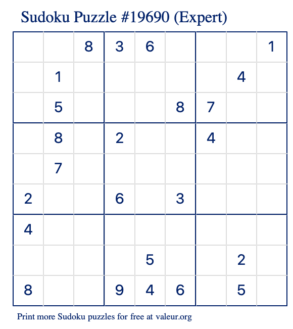 Free Printable Expert Sudoku Puzzle number 19690