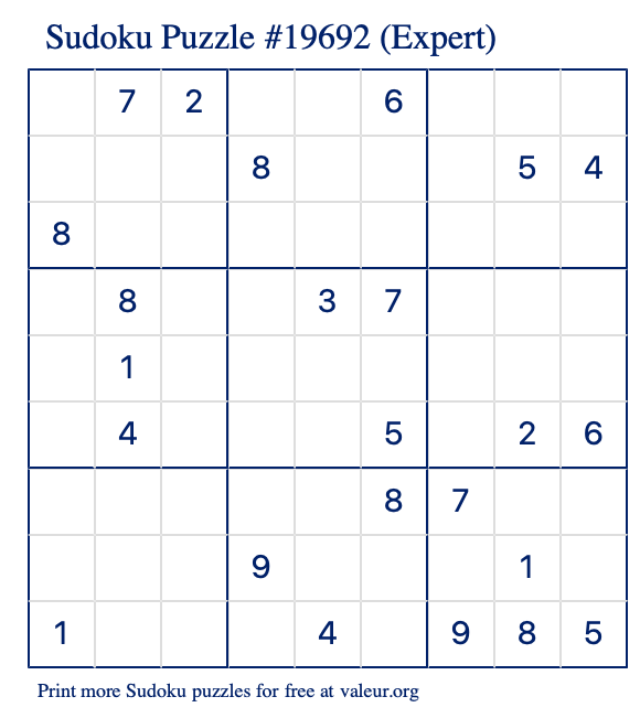 Free Printable Expert Sudoku Puzzle number 19692