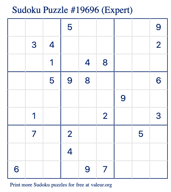 Free Printable Expert Sudoku Puzzle number 19696