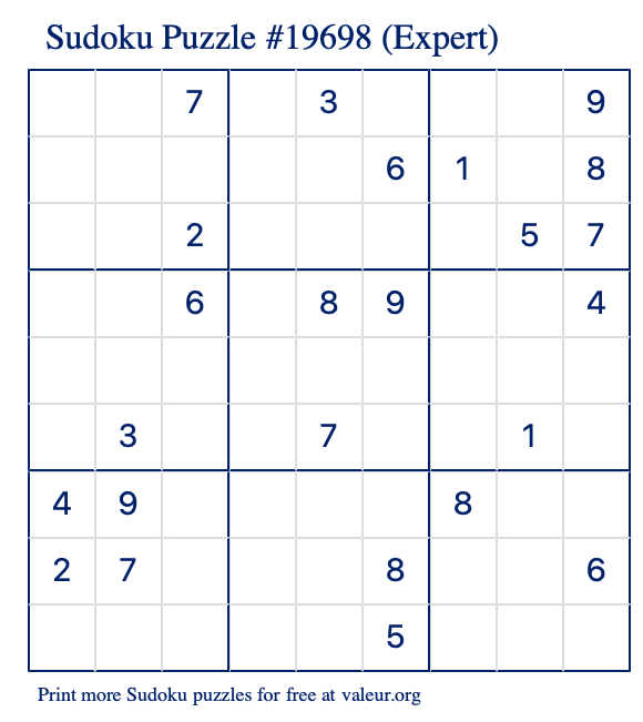 Free Printable Expert Sudoku Puzzle number 19698