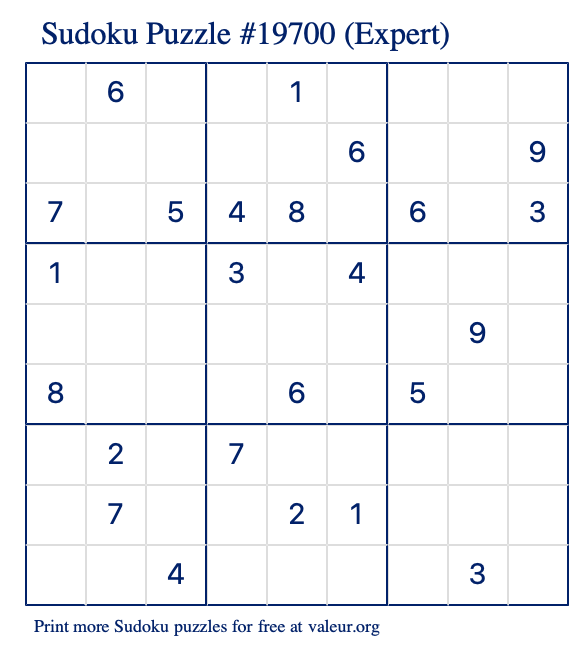 Free Printable Expert Sudoku Puzzle number 19700