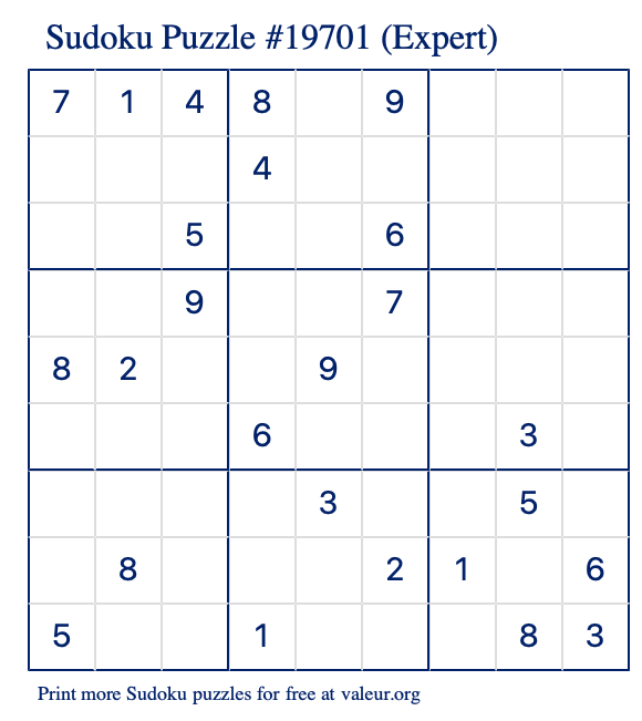 Free Printable Expert Sudoku Puzzle number 19701