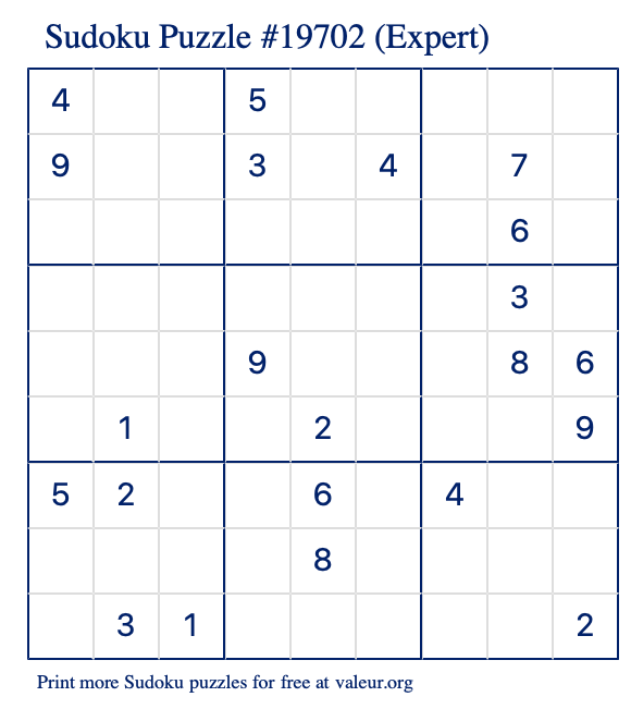 Free Printable Expert Sudoku Puzzle number 19702