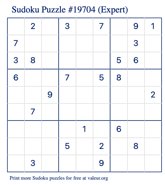 Free Printable Expert Sudoku Puzzle number 19704