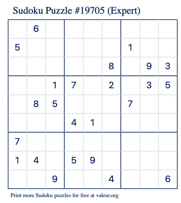 Free Printable Expert Sudoku Puzzle number 19705
