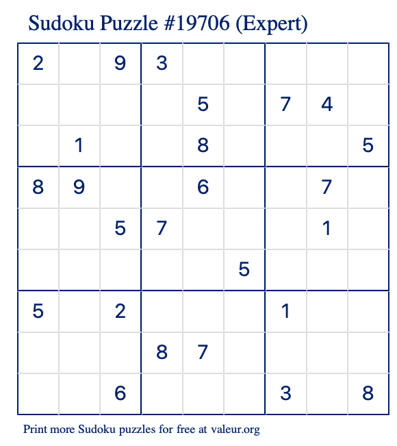 Free Printable Expert Sudoku Puzzle number 19706