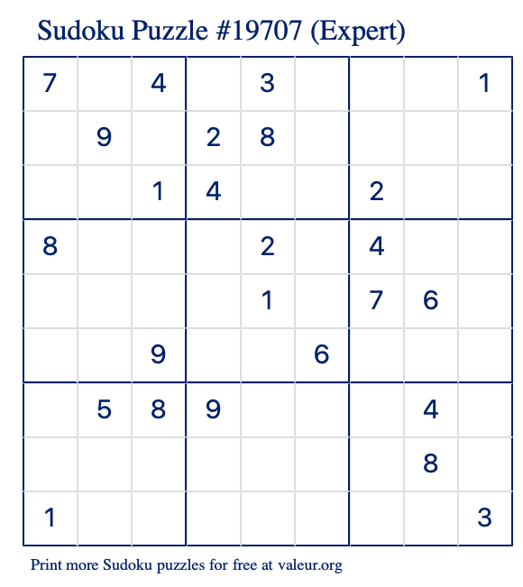 Free Printable Expert Sudoku Puzzle number 19707