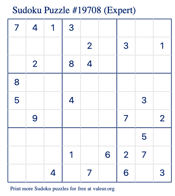 Free Printable Expert Sudoku Puzzle number 19708