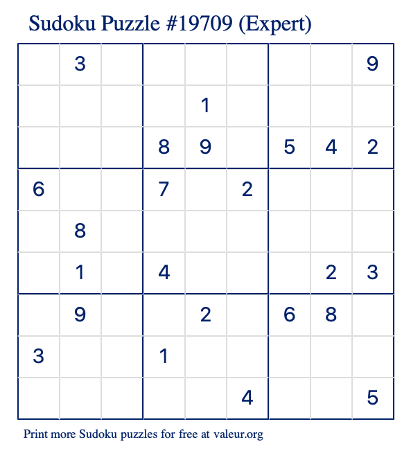 Free Printable Expert Sudoku Puzzle number 19709