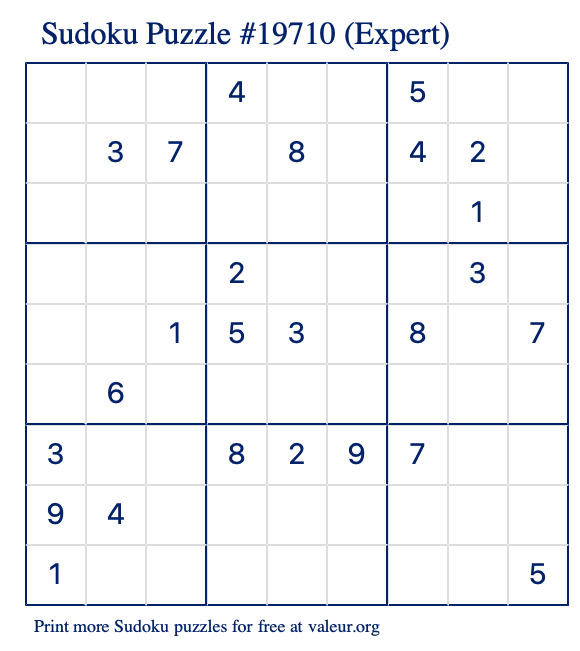 Free Printable Expert Sudoku Puzzle number 19710