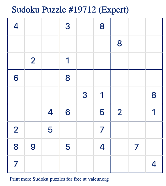 Free Printable Expert Sudoku Puzzle number 19712