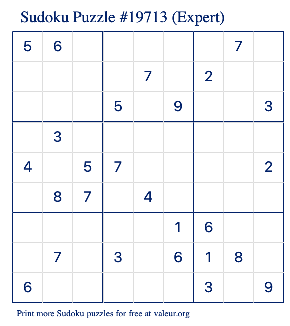 Free Printable Expert Sudoku Puzzle number 19713