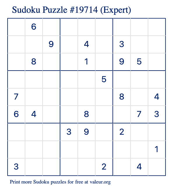 Free Printable Expert Sudoku Puzzle number 19714
