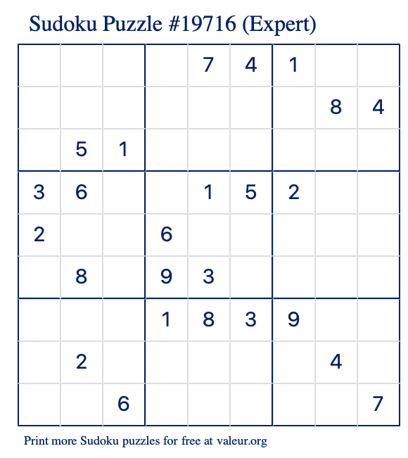 Free Printable Expert Sudoku Puzzle number 19716