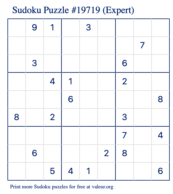 Free Printable Expert Sudoku Puzzle number 19719