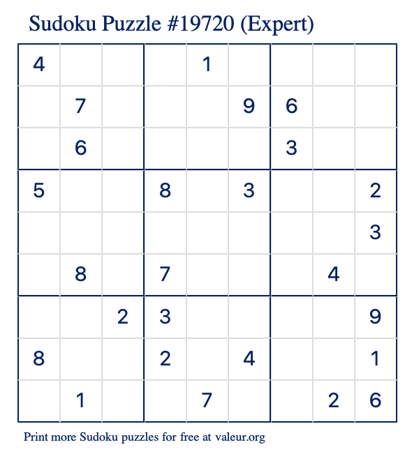 Free Printable Expert Sudoku Puzzle number 19720