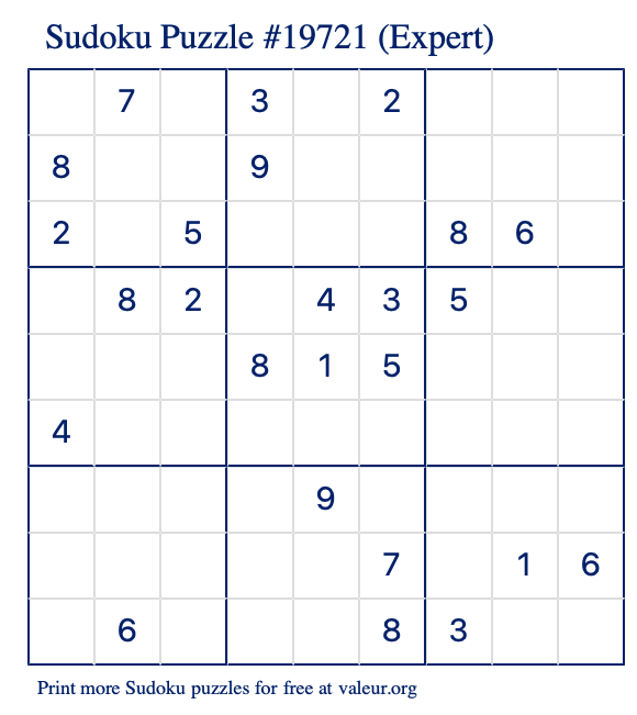 Free Printable Expert Sudoku Puzzle number 19721