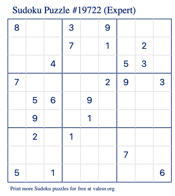 Free Printable Expert Sudoku Puzzle number 19722