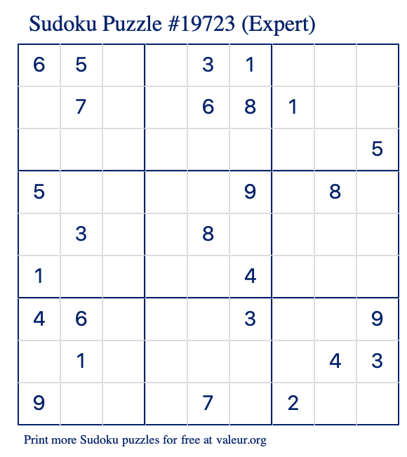 Free Printable Expert Sudoku Puzzle number 19723