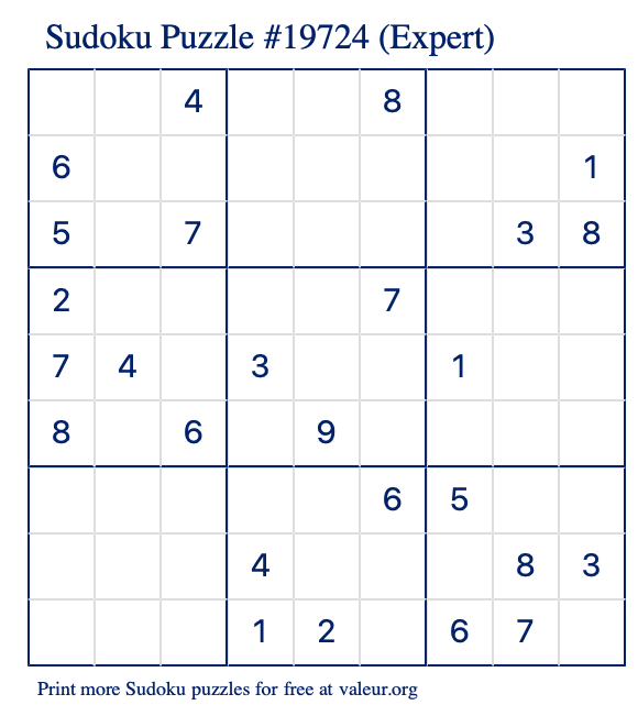 Free Printable Expert Sudoku Puzzle number 19724