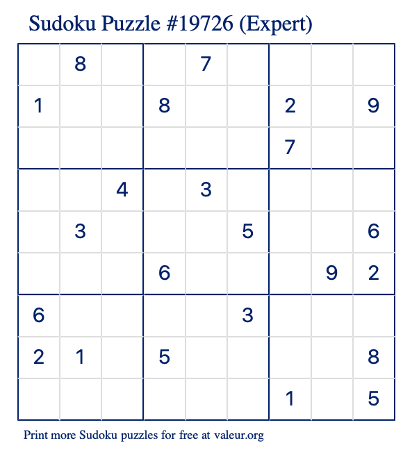 Free Printable Expert Sudoku Puzzle number 19726