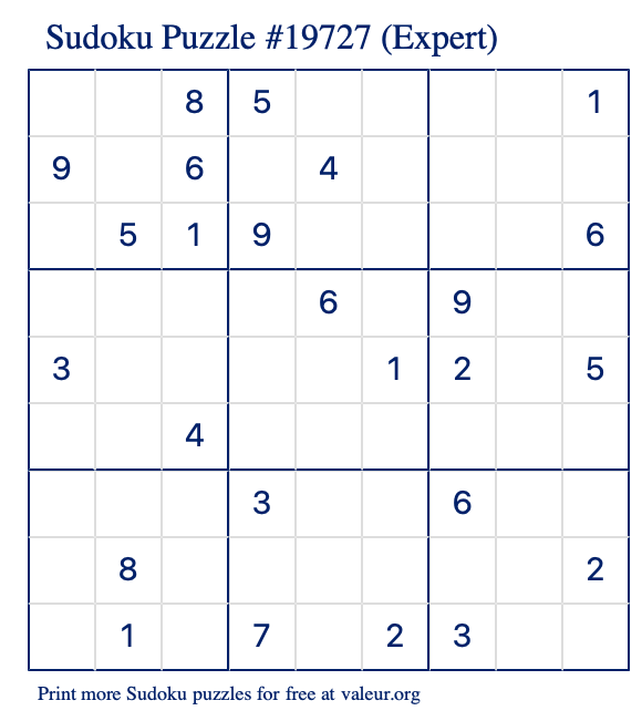 Free Printable Expert Sudoku Puzzle number 19727