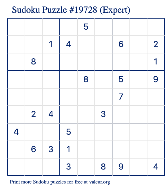 Free Printable Expert Sudoku Puzzle number 19728