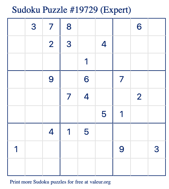 Free Printable Expert Sudoku Puzzle number 19729
