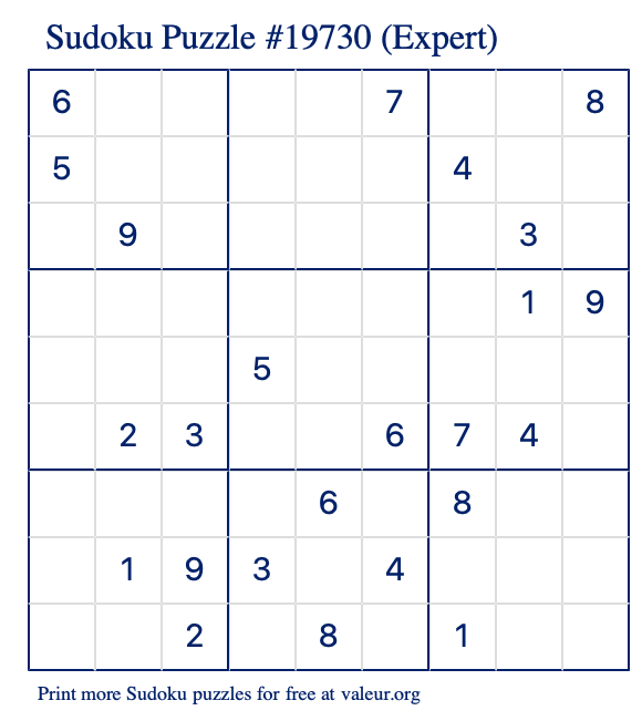 Free Printable Expert Sudoku Puzzle number 19730