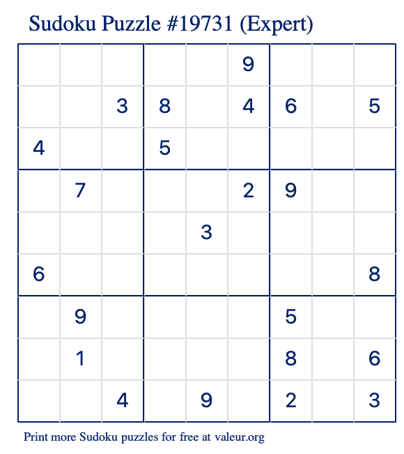 Free Printable Expert Sudoku Puzzle number 19731