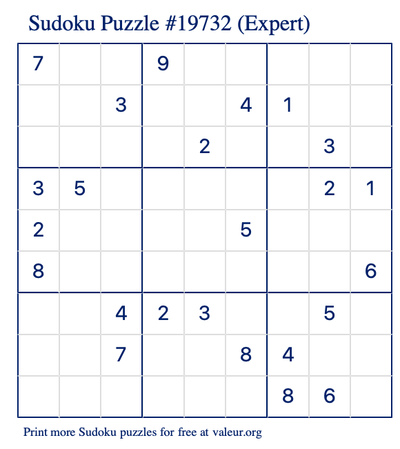 Free Printable Expert Sudoku Puzzle number 19732
