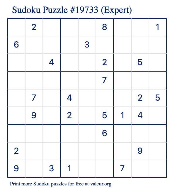 Free Printable Expert Sudoku Puzzle number 19733