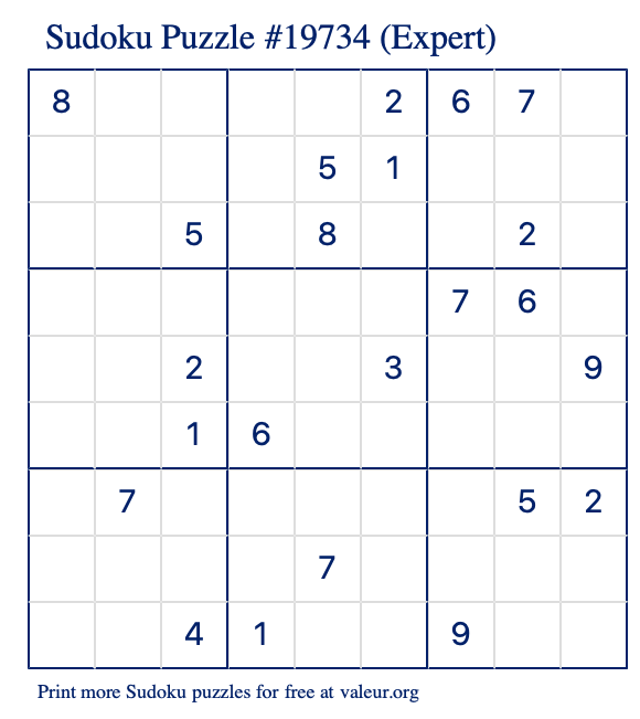 Free Printable Expert Sudoku Puzzle number 19734