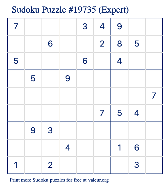 Free Printable Expert Sudoku Puzzle number 19735