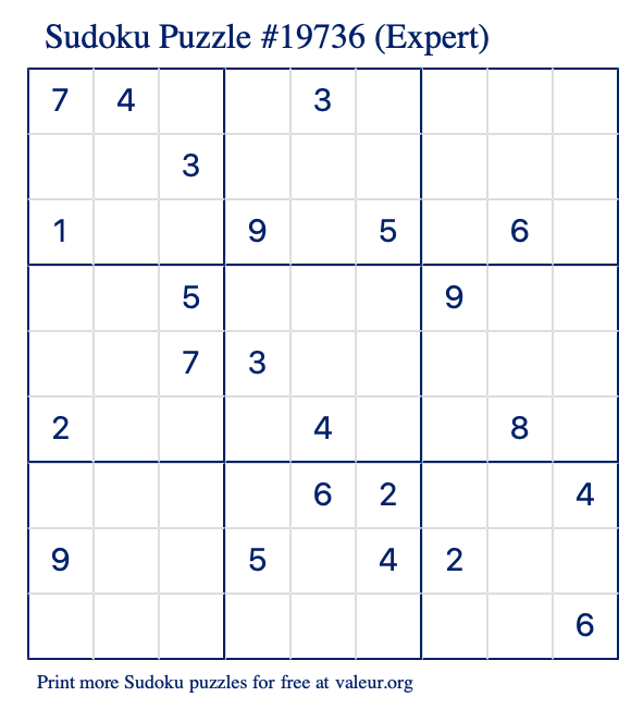 Free Printable Expert Sudoku Puzzle number 19736