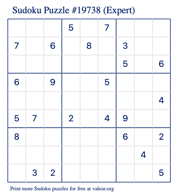 Free Printable Expert Sudoku Puzzle number 19738