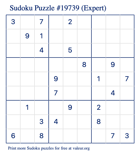 Free Printable Expert Sudoku Puzzle number 19739