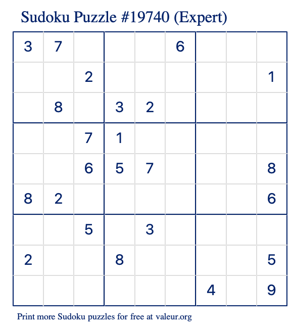 Free Printable Expert Sudoku Puzzle number 19740