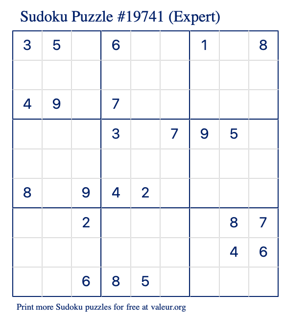 Free Printable Expert Sudoku Puzzle number 19741