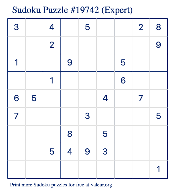 Free Printable Expert Sudoku Puzzle number 19742