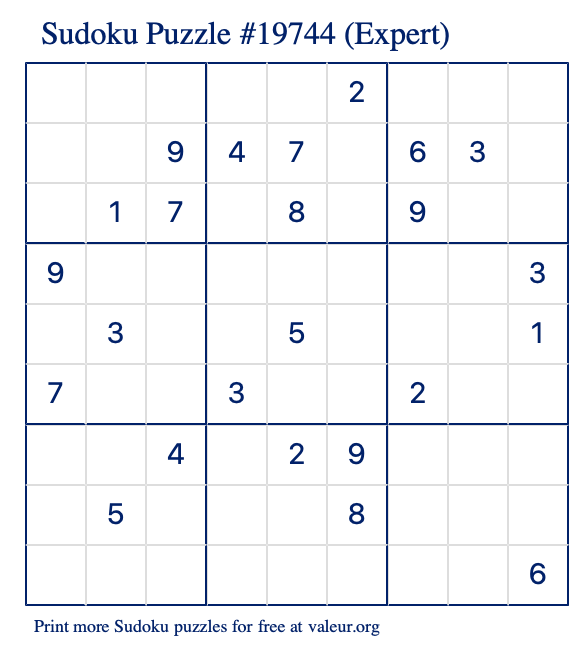 Free Printable Expert Sudoku Puzzle number 19744