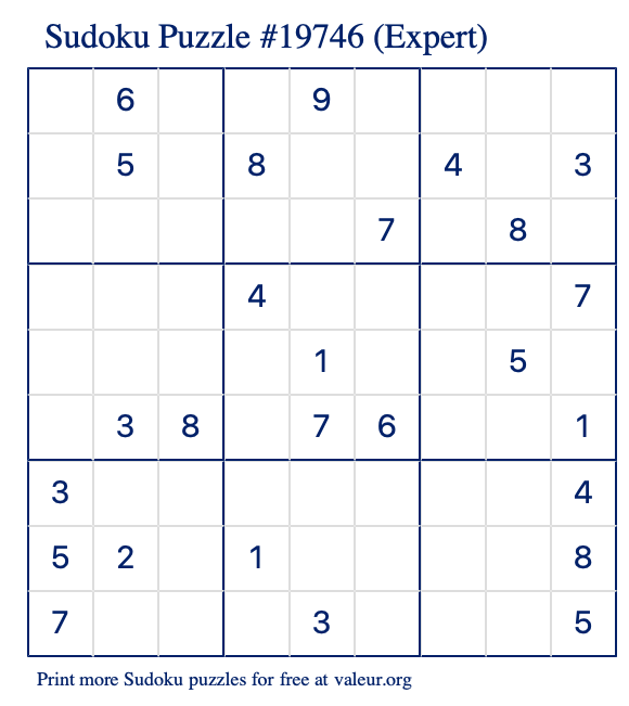 Free Printable Expert Sudoku Puzzle number 19746