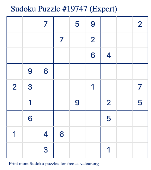Free Printable Expert Sudoku Puzzle number 19747